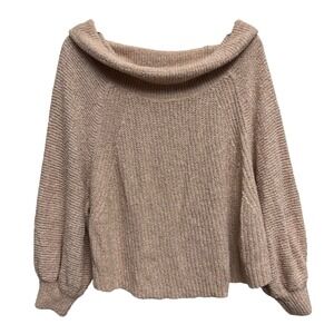 Free People Beige Off Shoulder Knit Sweater Balloon Sleeve Pullover Top L‎ Large